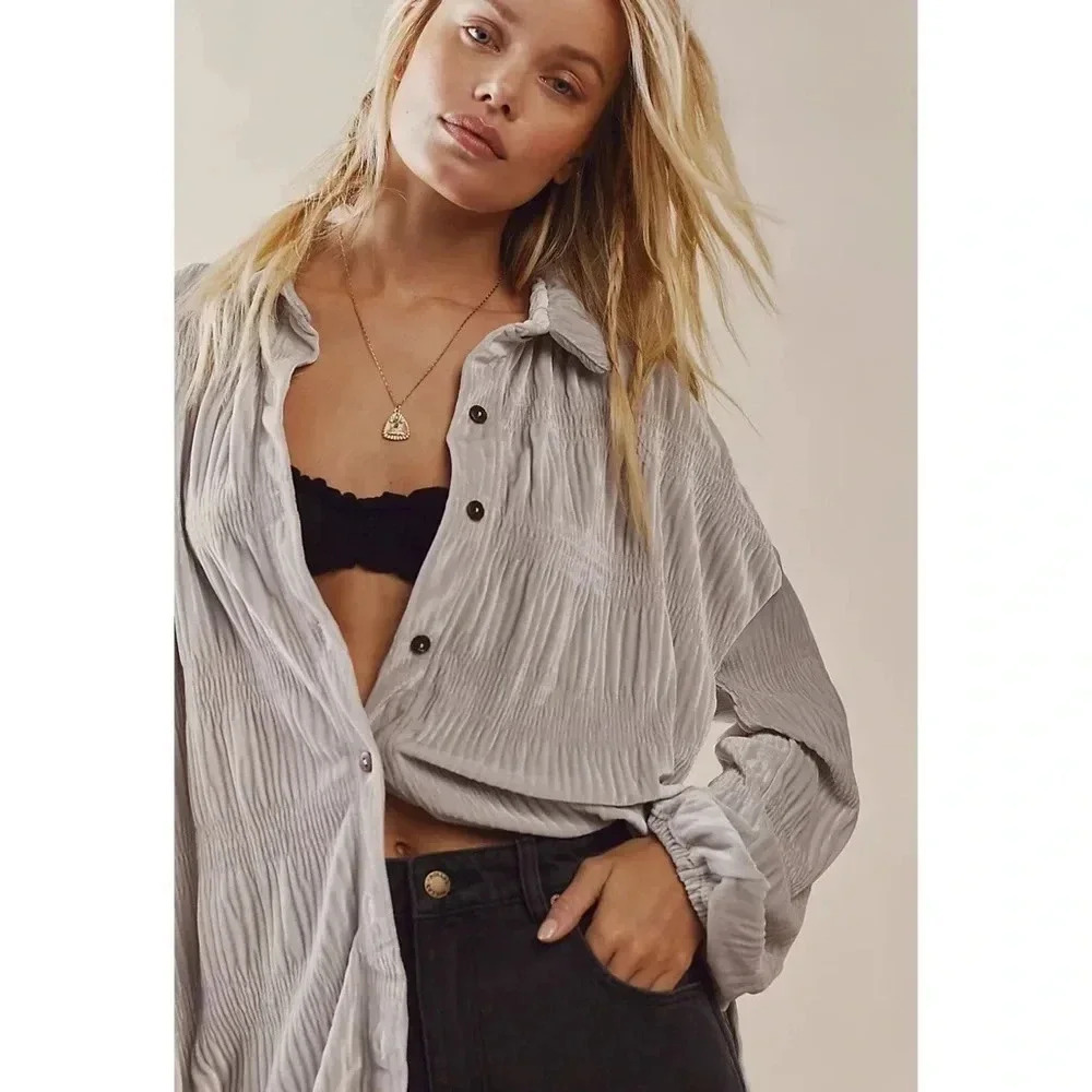 New Free People Velvet Long-Sleeve Button-down Top Chrome Grey Medium - Picture 3 of 15
